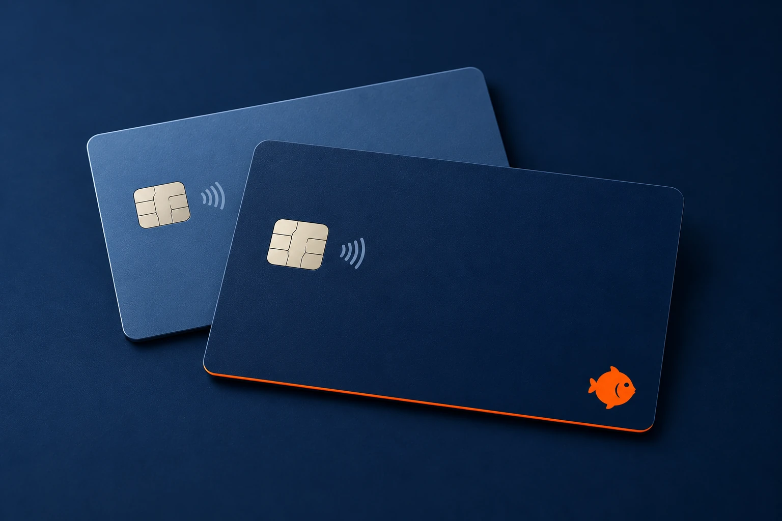 Two realistically thin navy and blue payment cards with metallic chips and contactless symbols; the foreground card has an orange edge and a small Aurato fish.