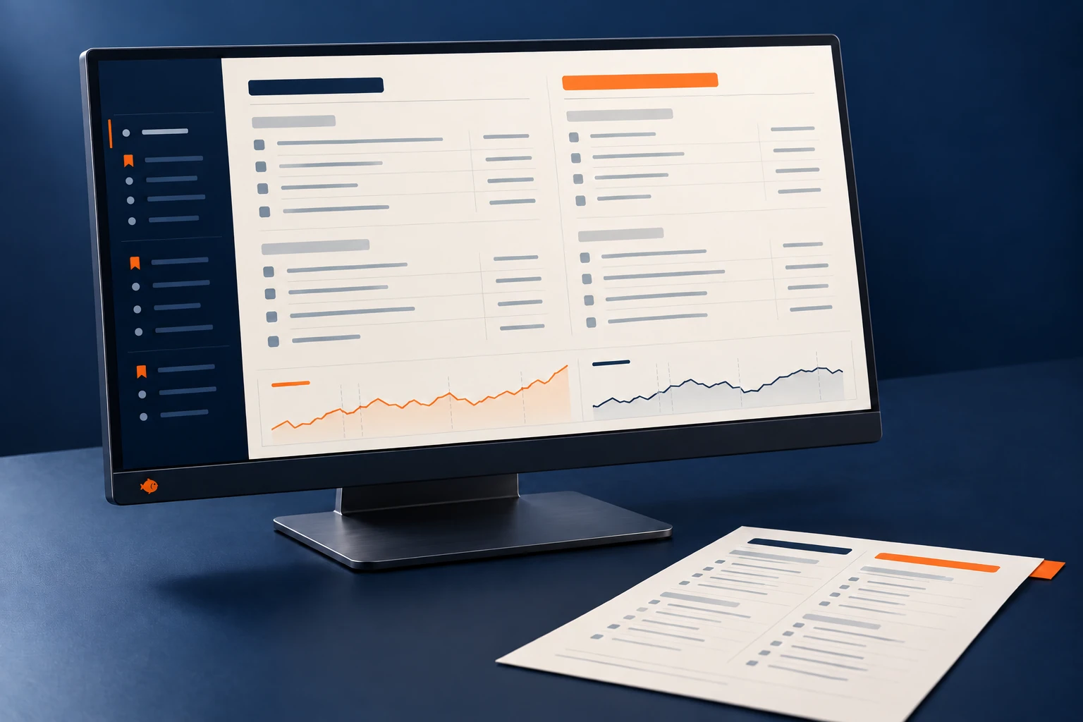 An illustrative professional research workspace with a slim desktop display showing saved records, aligned comparison fields and history charts, an ivory report on the desk and one small Aurato fish on the bezel.