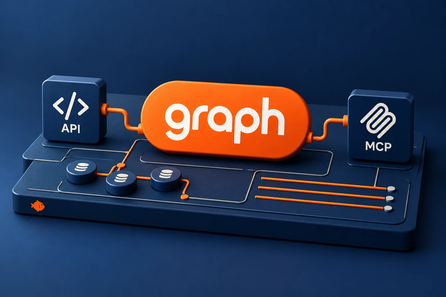 An orange Graph capsule casts a soft shadow over layered navy infrastructure, with connected API and MCP modules, routed data paths and record nodes; a small Aurato fish marks the front edge.