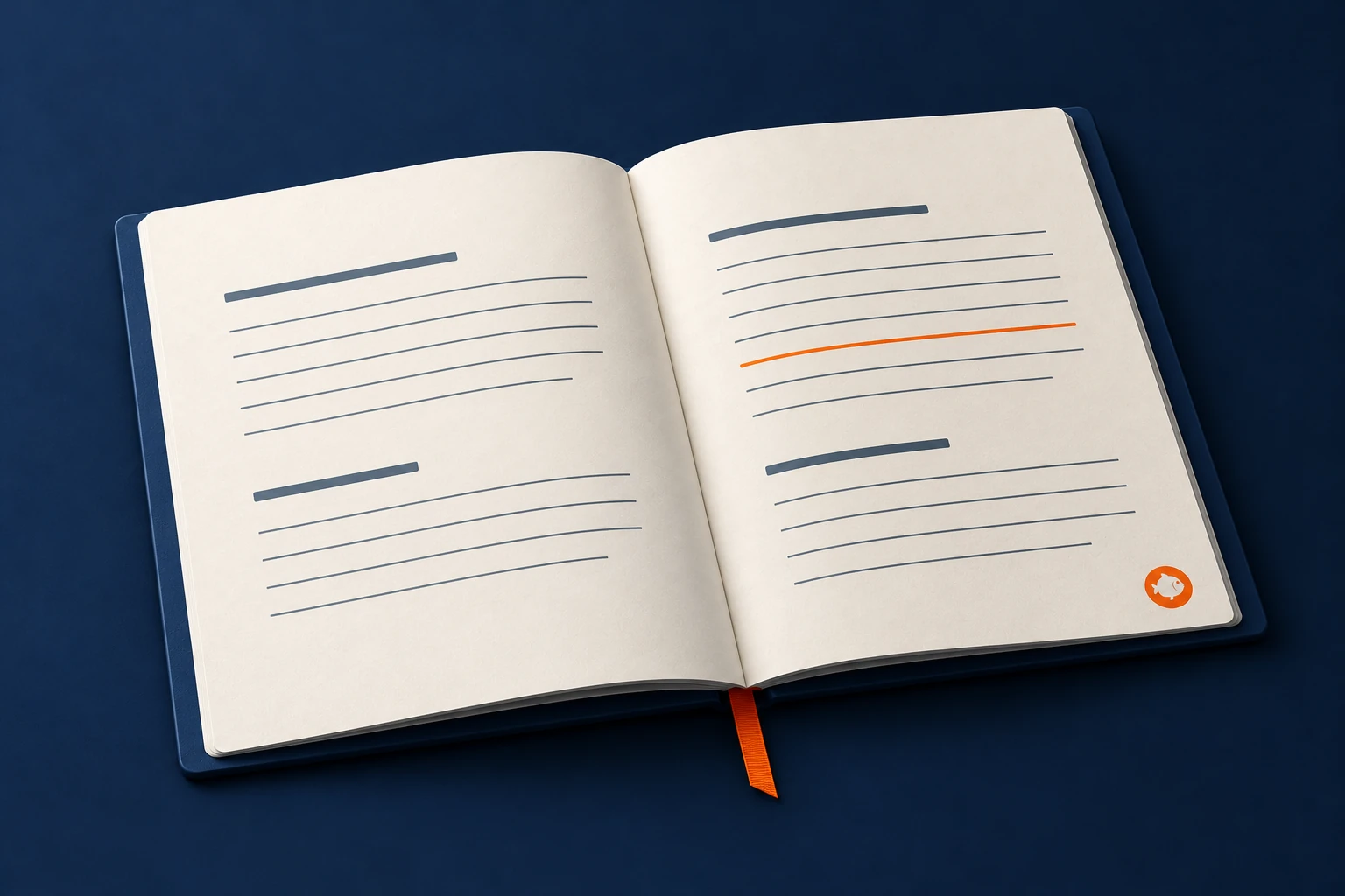An open navy research folio with ivory pages, an orange highlighted source line and bookmark, and a small white Aurato fish in an orange publisher seal.