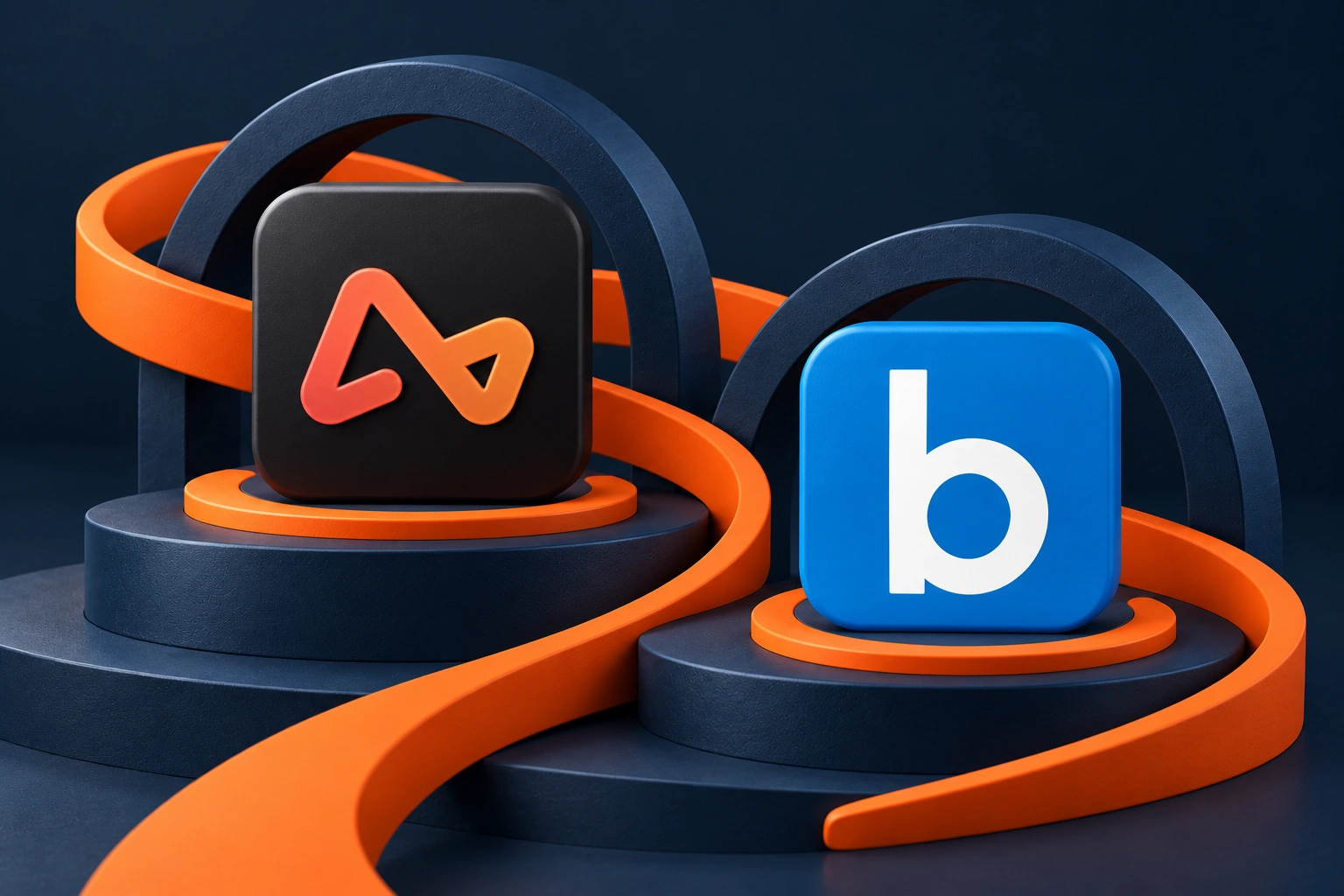 Airwallex and Boost Payment Solutions appear once each on matte navy sculptural arches and stepped plinths linked by an orange ribbon.