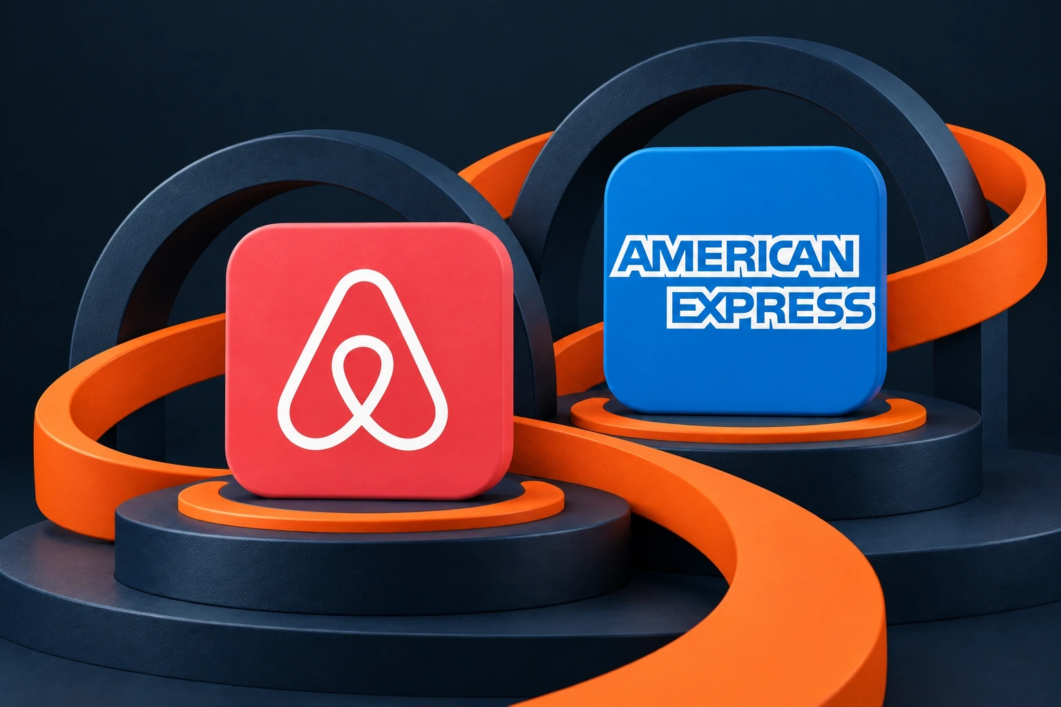 American Express and Airbnb brand tiles on matte navy arches and plinths joined by an orange ribbon.