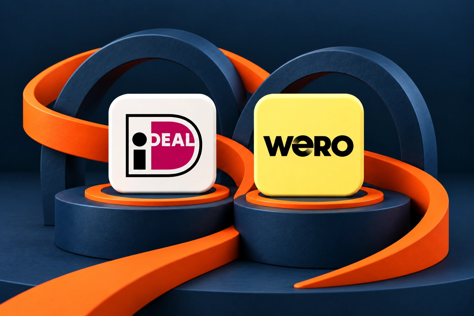Close-up of iDEAL and Wero brand tiles on matte navy plinths connected by an orange ribbon.