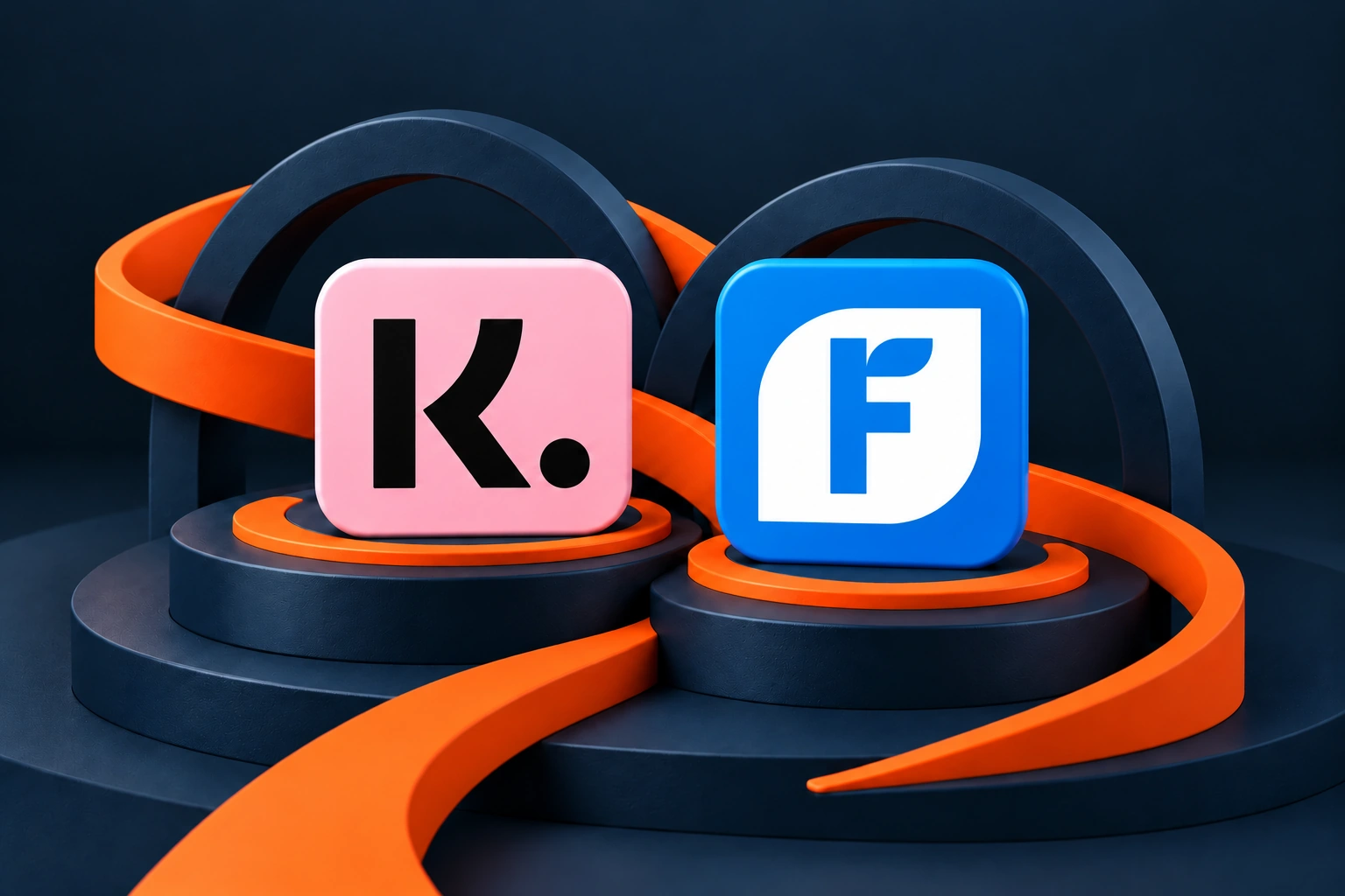 Klarna and FreshBooks app icons on navy plinths linked by an orange ribbon.