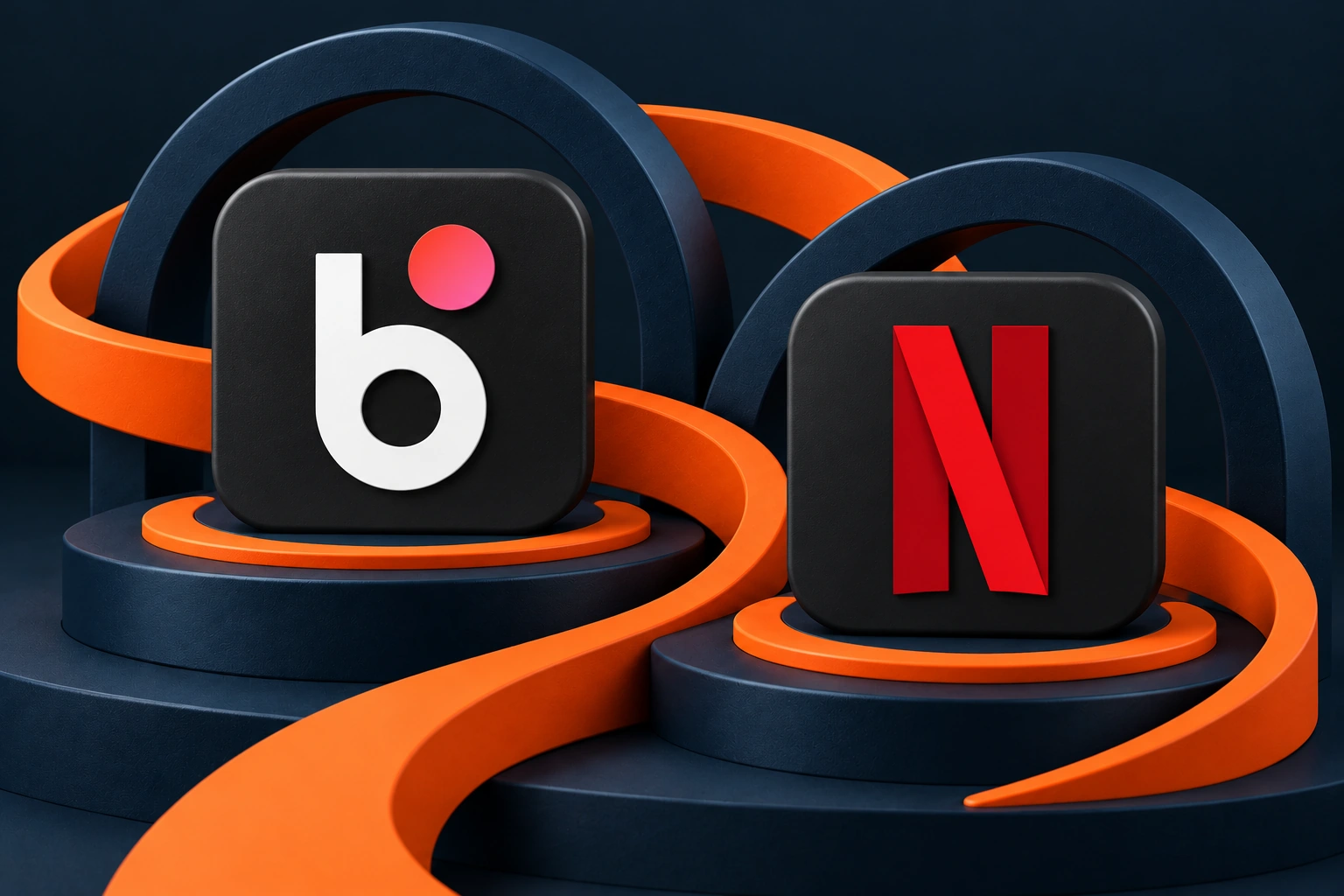 BLIK and Netflix brand tiles on matte navy plinths connected by an orange ribbon.