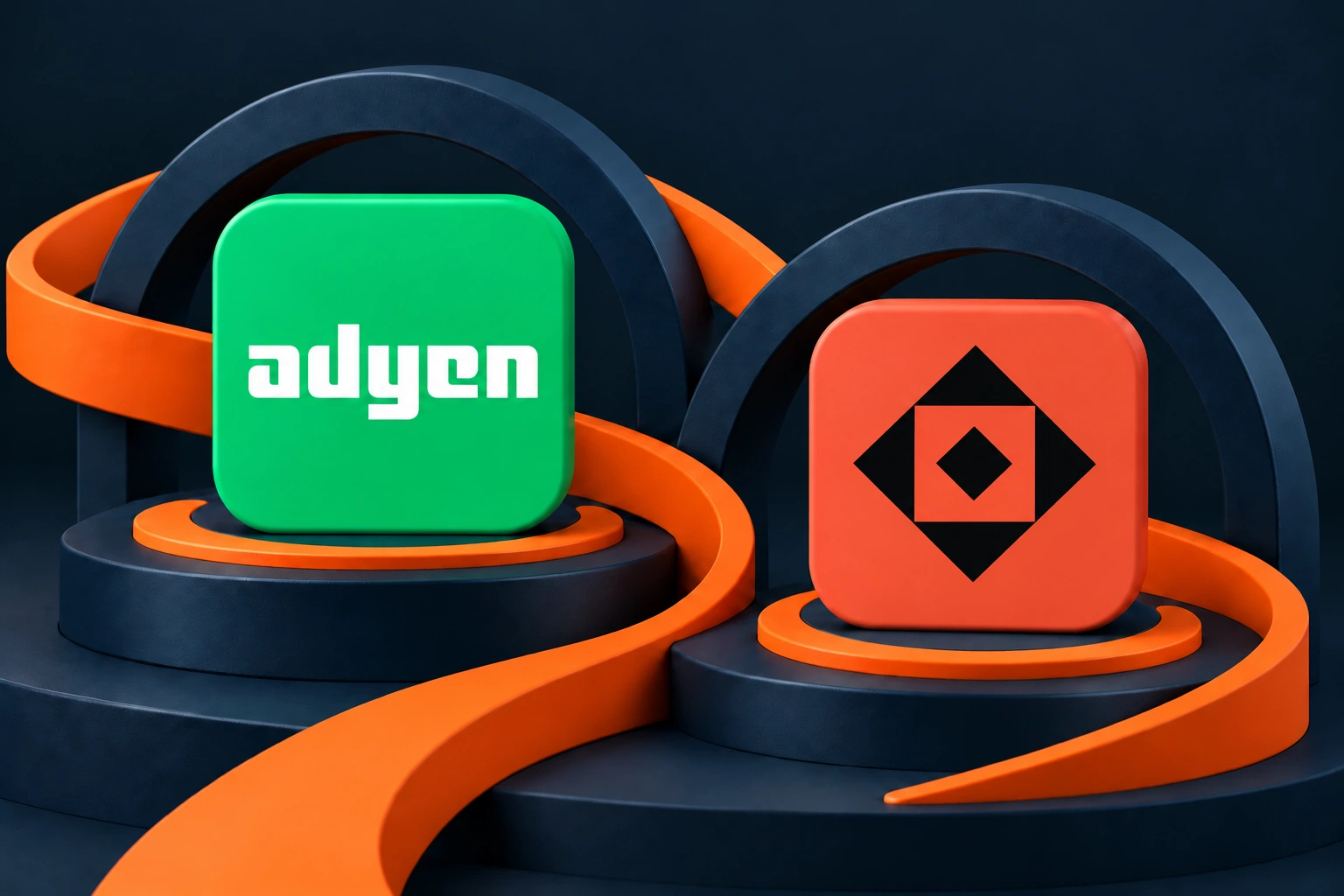 Adyen and the supplied Sabre geometric icon on green and coral-red tiles, joined by an orange ribbon on navy plinths.